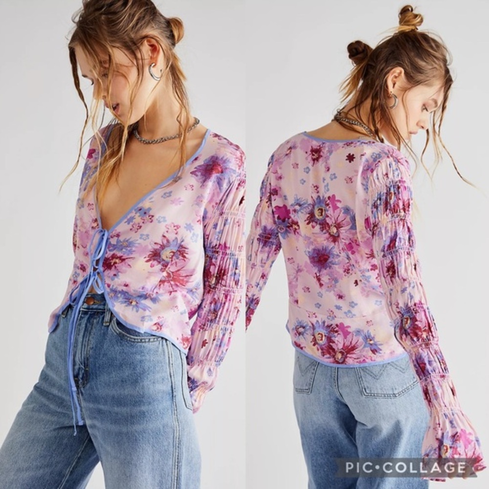 Free People Venice Printed Viscose Top Tie Front Smock Flare Sleeves